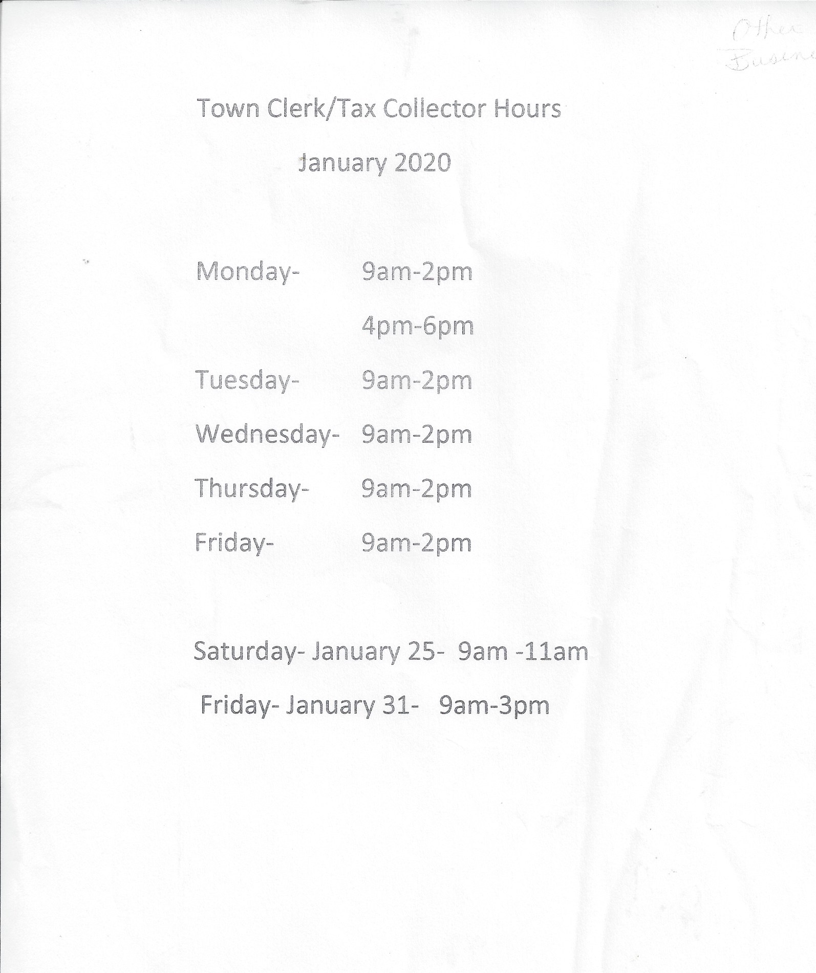Peru Town Clerk/ Tax Collector’s January 2020 Office Hours The Peru