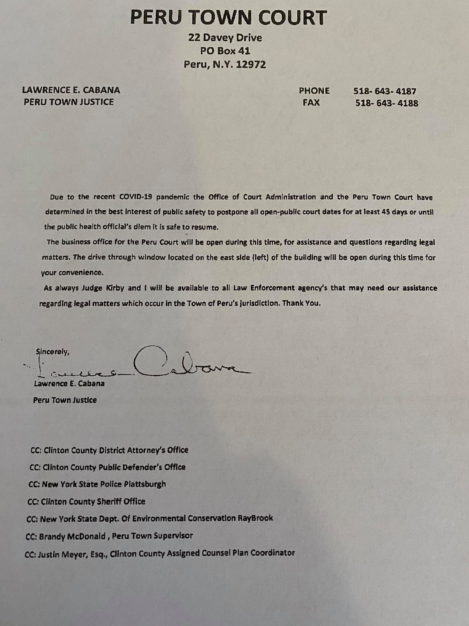 Peru Town Court Postpones Open to the Public Court Cases for 45 days