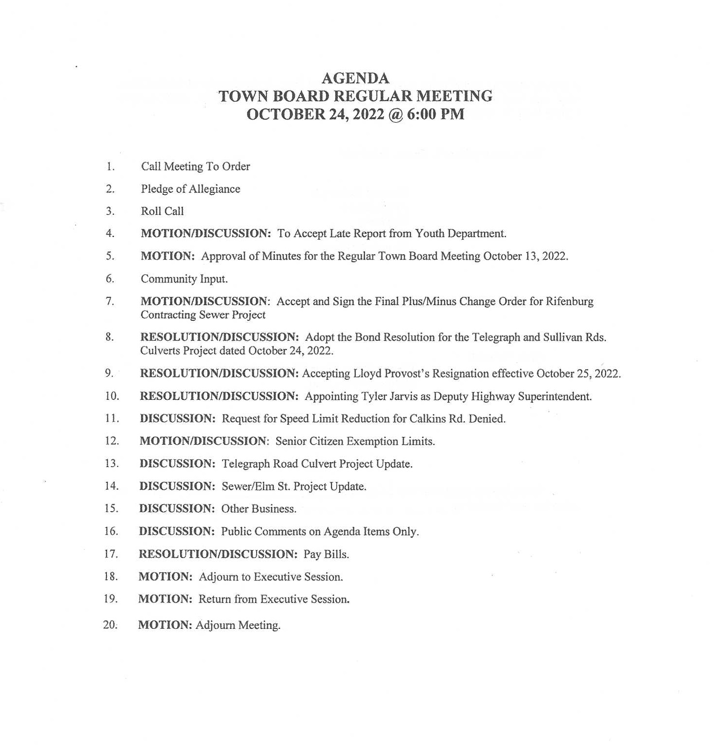 Agenda Peru Town Board Meeting of October 24, 2022 at 6 p.m. The Peru Gazette